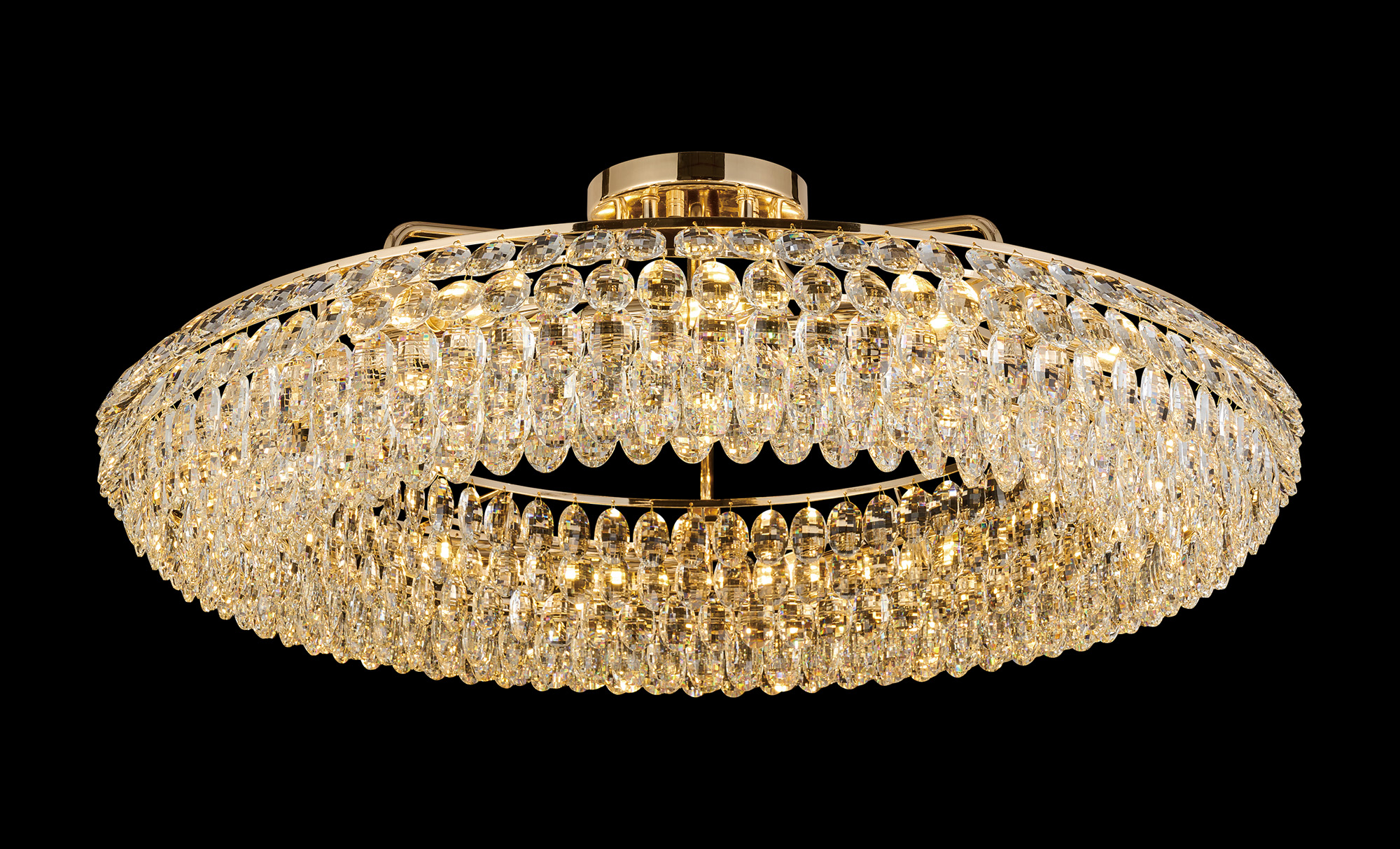 IL32933FG  Coniston 95cm Semi Flush Ring Ceiling, 15 Light E14, French Gold/Crystal Item Weight: 26kg